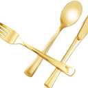N9R 100PCS Gold Plastic Silverware - Gold Plastic Cutlery Set Disposable Flatware Dinnerware -50 Forks, 25 Spoons, 25 Knives for Party, Birthday, Wedding
