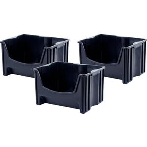 Mighty Tuff Jumbo Stackable Storage Bins, Pack of 3, Easy-Access Storage, Large Easy-To-Grip Handles, Wide Front Opening, Interlocking, Stack Vertically, Black