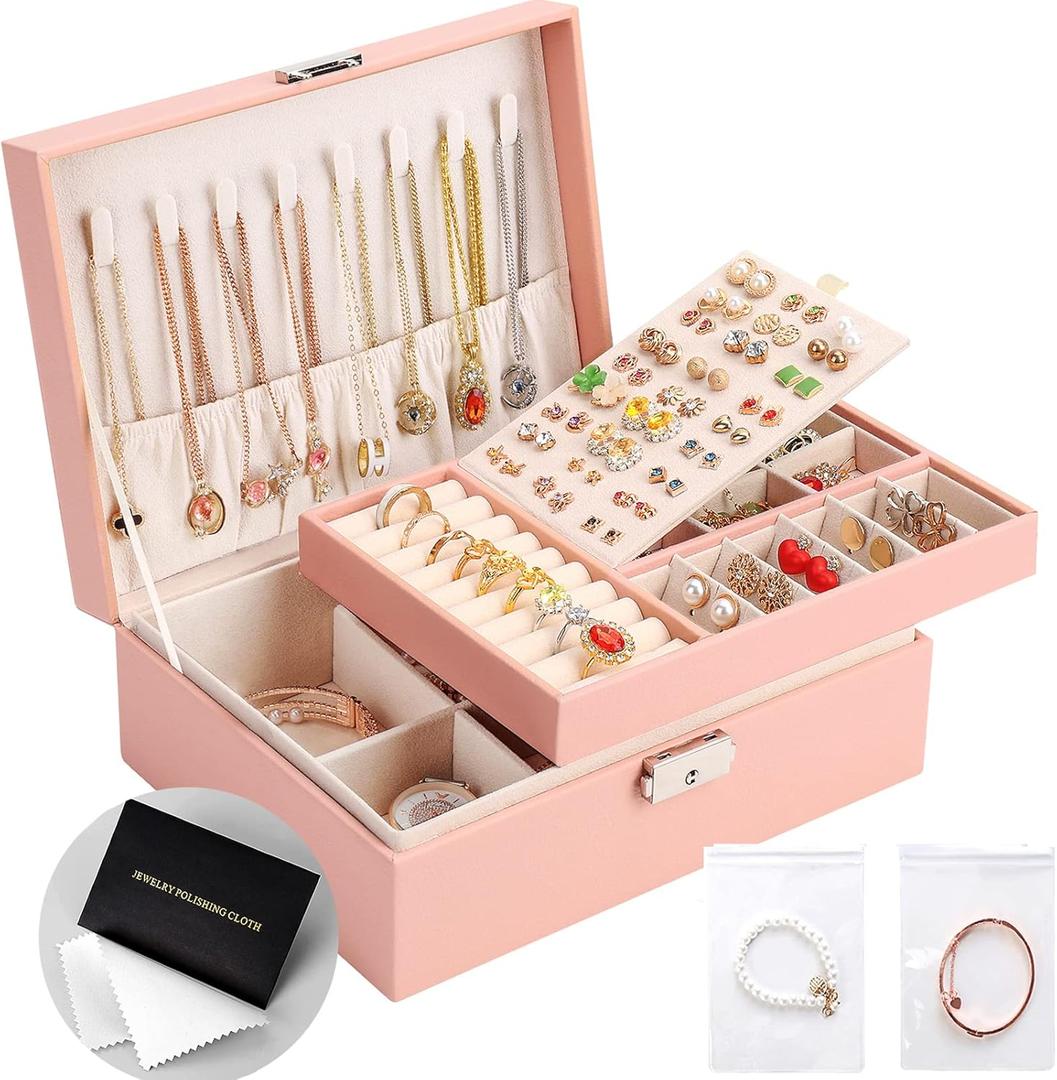Jewelry Organizer Box, Leather Jewelry Box for Girls Gift Earring Organizer with Lock Double Layers Jewelry Case Removable Tray for Necklace Earring Ring with Polishing Cloth and Jewelry Bags (Pink)