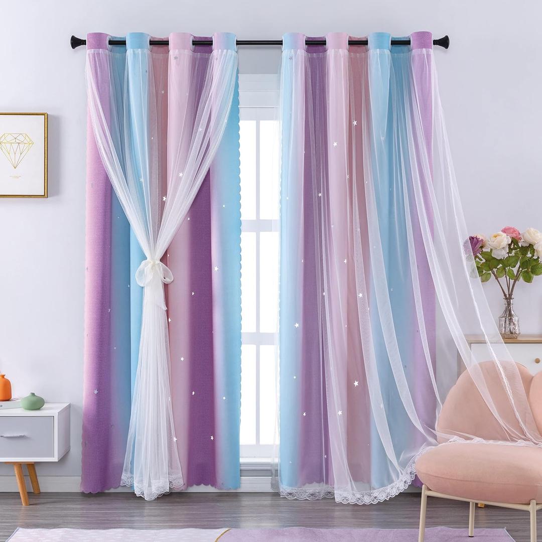 XiDi Curtains for Girls Bedroom, Blackout for Kids Room, Colorful Rainbow Design, Unicorn Wall Decor Pink Ombre Curtains, Purple Princess Room 72 Inches Long 34 Wide 2 Panel Sets Pink Purple