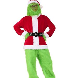 Christmas Green Costume for Men 7 Pcs Furry Adult Santa Claus Costume Mask Santa Suit Large