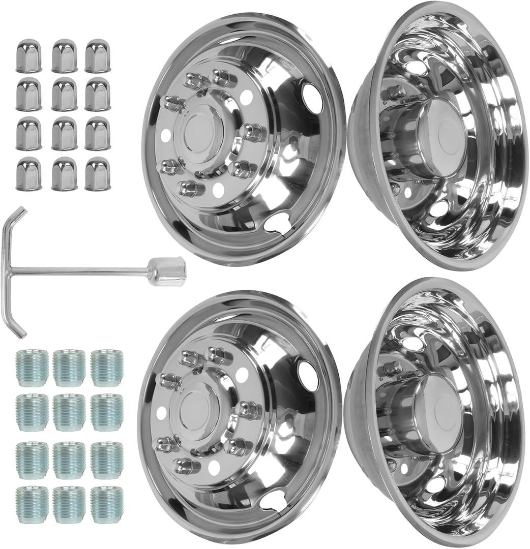 hightall 19.5 Wheel Simulators, 19.5" 10 Lug Stainless Steel Hubcaps,Polished Surface,2Pcs Front Wheel/2Pcs Rear Wheel,Bolts On Wheel Cover Set Compatible with 2008-2023 Dodge Ram 4500/5500