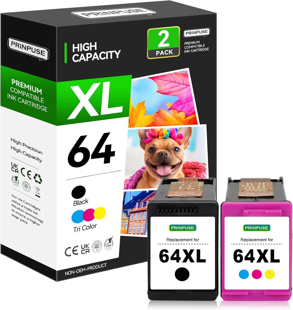 64XL Ink Cartridges Black and Color Replacements for HP 64XL Ink Cartridge Combo Pack HP 64 Ink for Envy Photo 7855 7858 7155 7120 7800 6252 6255 7158 7100 7164 Printer (2 Pack)