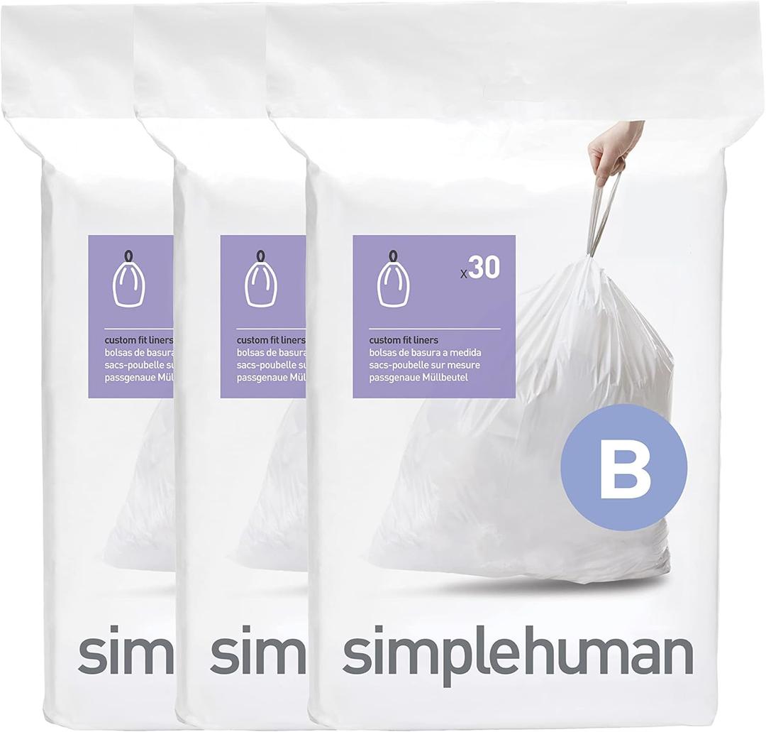 simplehuman Code B 90 Count, Dispenser Pack Custom Fit Liners, Drawstring Trash Bags, 6 Liter / 1.6 Gallon, White
