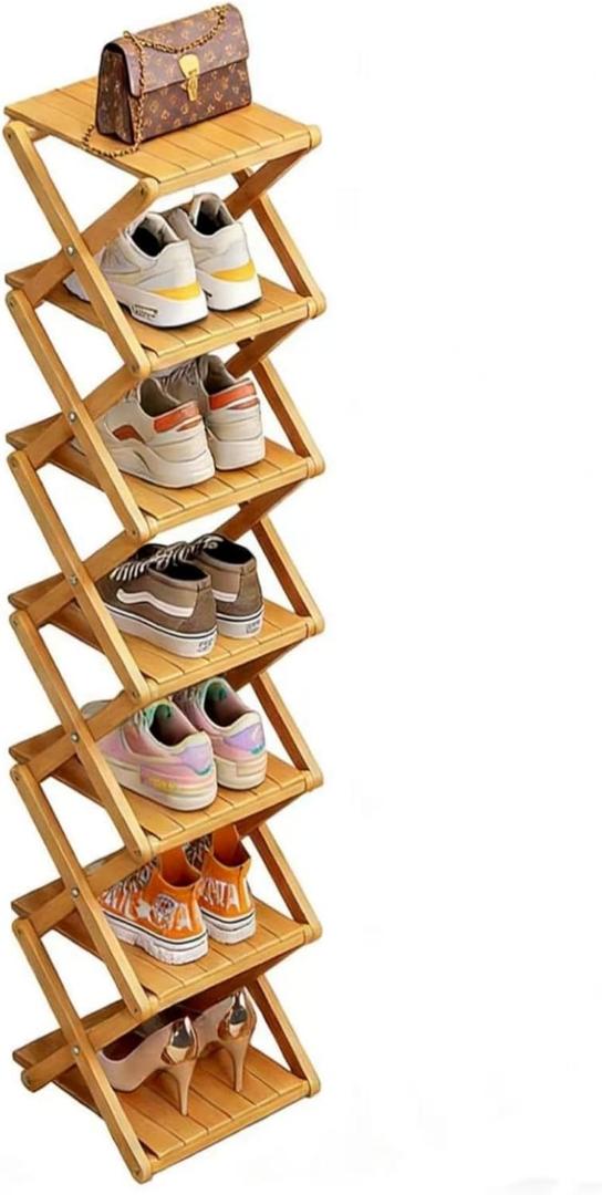 Bamboo Shoe Rack - No Assembly Required, Tall Narrow Foldable Shoe Organizer, Space-Saving Multifunctional Shelf for Entryways, Corners, Bedrooms, Balconies, 6 Layer(Reinforced and Thickened)