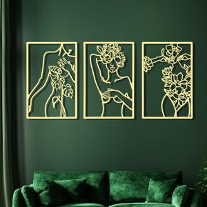 CHENGU 3 Pieces Gold Wall Decor Minimalist Wall Art Metal Line Wall Art Wall Decor for Bedroom Single Line Female for Kitchen Bathroom Living Room(Simple Style)