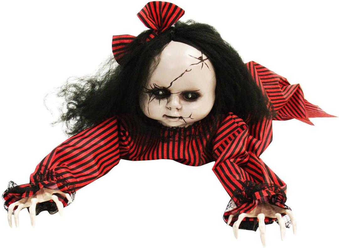 Haunted Hill Farm Scary Haunted Crawling Baby Doll, Halloween Animatronic with Touch Activated Lights and Sound, Battery Operated Indoor or Covered Outdoor Halloween Decorations, Creepy Fright Props
