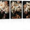 SWQYLB African American Canvas Wall Art 3 Pieces Whiter Flowers on Black Women Head Picture Abstract Black Girl Art Prints for Girl Room Decor Framed (24.00" x 36.00" x 3PCS)
