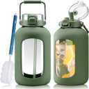 WINSA Large Glass Water Bottles with Stainless Steel Handle,100 oz Gallon Drinking Bottle with 2-in-1 Straw Lid,3 Liter Glass Water Jug with Silicone Sleeve,Wide Mouth,Olive