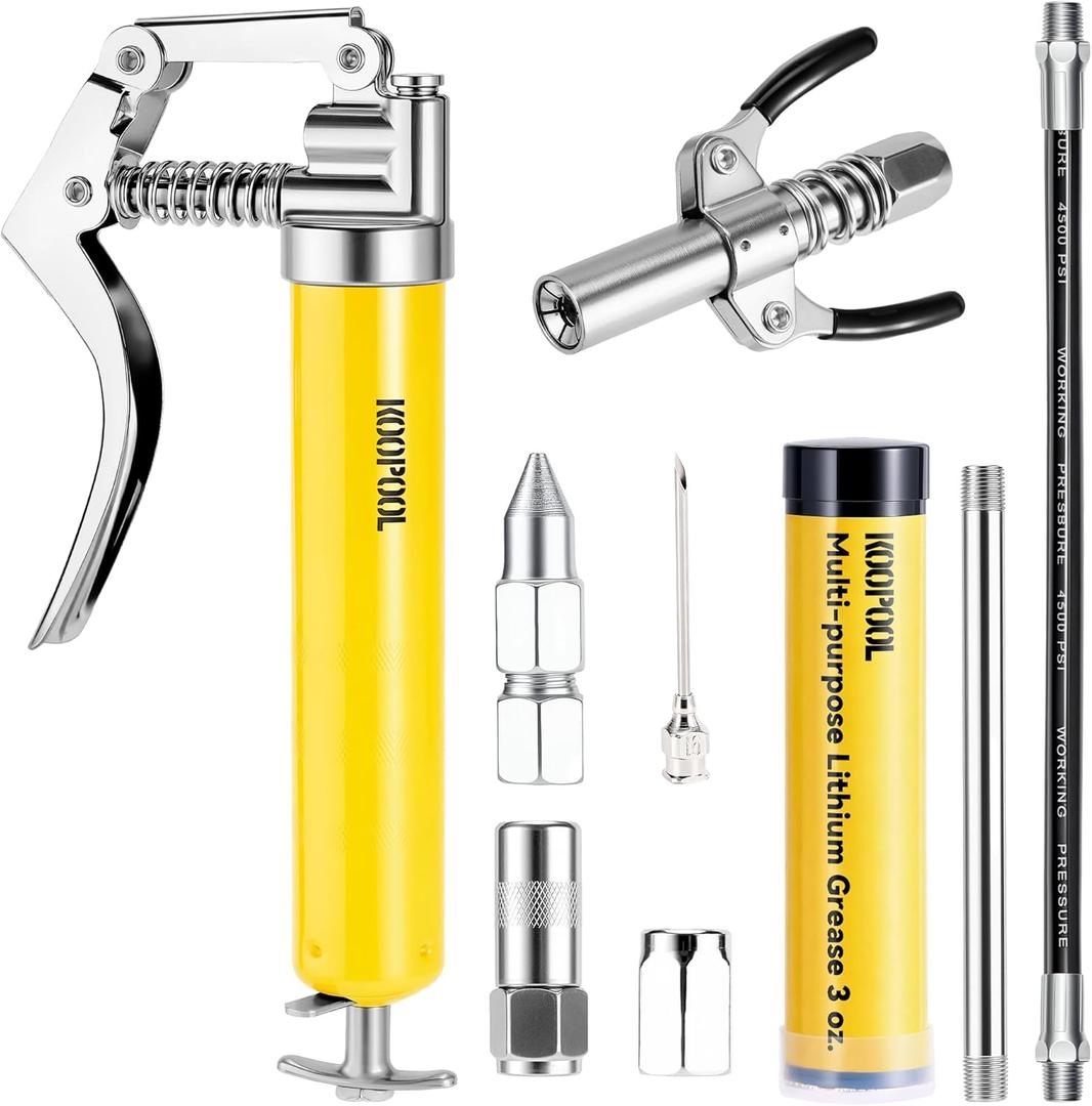 KOOPOOL Mini Grease Gun Kit, 4500 PSI Grease Gun with Upgraded Double-Handle 6-Jaw Lock and Seal Coupler, Includes 3oz Grease Cartridge, Precision Needle Nozzle & 12" Flex Hose
