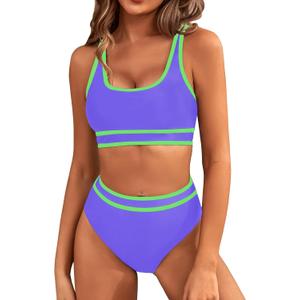 BMJL Women's High Waisted Bikini Sets Sporty Two Piece Swimsuits Color Block Cheeky High Cut Bathing Suits(L,Light Purple)