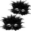Simgoing 2 Pcs Couple Masquerade Masks Costume Feather Raven Crow Mask Mardi Gras Carnival Venetian Accessories for Women Men (Black, Crow)