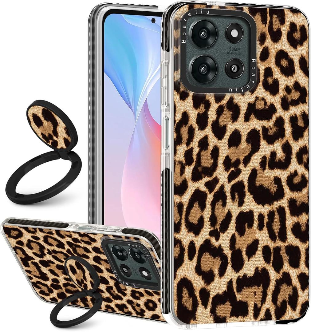 Boaretiu for Motorola Moto G 2025 Case - with Stand Cute Kawaii Fashion 360 Rotate Ring Holder Kickstand Leopard for Women Girls Boys Teens Girly Case for Moto G 2025