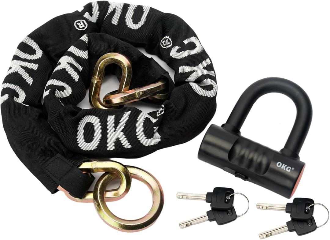 OKG Ultra Security Motorcycle Chain Lock, 4 Keys, 13lbs, 5 ft x 1/2in (12mm) Thick Motorcycle Lock Chain, Heavy Duty Chain Lock, High Security Cut Proof Chain Combo Anti Theft Heavy Duty Small U-Lock (Black)