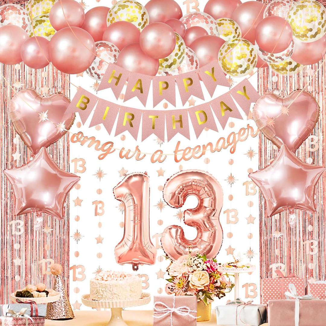 ZERODECO Rose Gold Birthday Party Decorations 13th, Happy Birthday Banner Fringe Curtain 13 Garland Heart Star Foil Confetti Balloons for Women Girls Queen Princess Party