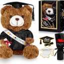 Graduation Bear Gifts Set Include Stuffed Animal Bear with Gown Cap Tassel Class of 2025 Grad Card Soap Artificial Flower Box with Window Graduation Gift for Him Her(Black)