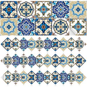 Honoson 60 Pack Colorful Talavera Tile 4x4 Inch Handpainted 10 Designs Peel and Stick Wall Tile Decor Bathroom Kitchen Wall Sticker Waterproof PVC Decoration Stickers - 2D Retro Sticker(Classic)