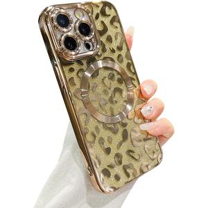 for iPhone 13 Pro Max Case Magnetic,Soft Cute Luxury Leopard Cheetah Pattern Plating Glitter Bling Phone Case Compatible with MagSafe Clear Shockproof Back Cover for Women Girl 6.7"-Gold