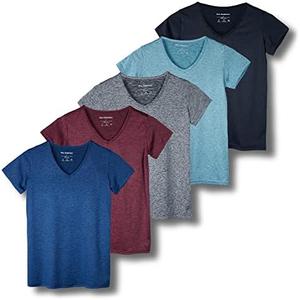 Real Essentials 5 Pack: Women's Short Sleeve V-Neck Activewear T-Shirt Dry-Fit Wicking Yoga Top, Size M