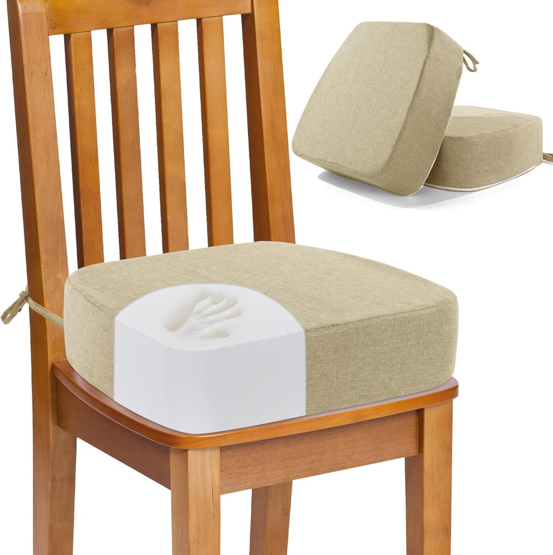 BALAPET Thick Chair Cushions Kitchen Seat Pads Room with Ties and Removable, Machine Washable Cover, 5in Chair Cushions for Dining Chairs Indoor Outdoor Chair Seat, (2Pcs, Beige)
