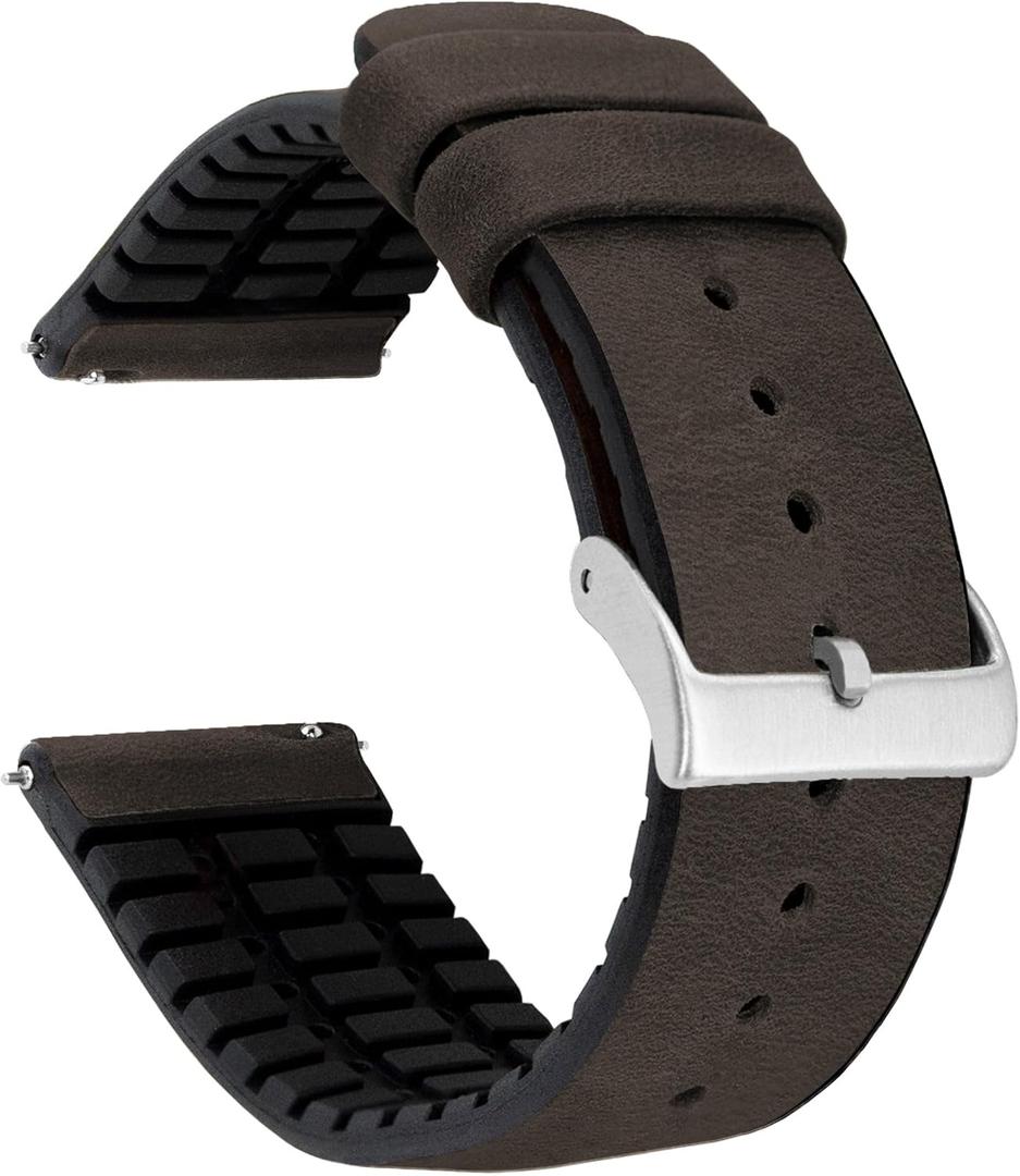 BARTON Leather and Rubber Hybrid Straps with Integrated Quick Release Spring Bars - 316L Stainless Steel - Choose Color - 18mm, 20mm & 22mm Watch Bands (21mm, Smoke)