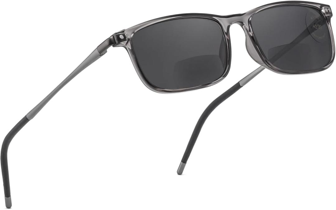 Superior Extremely Light Bifocal Reading Sunglasses for Men, Aluminum Arm TR90 Frame Sun Readers UV400 Protection Outdoor Spring Hinge Dark Lens, +1.5 Grey