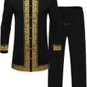 Mens African 2 Piece Set Nigerian Dashiki Metallic Traditional Suit Gold Stamp Printed Shirt and Pants Outfit, L