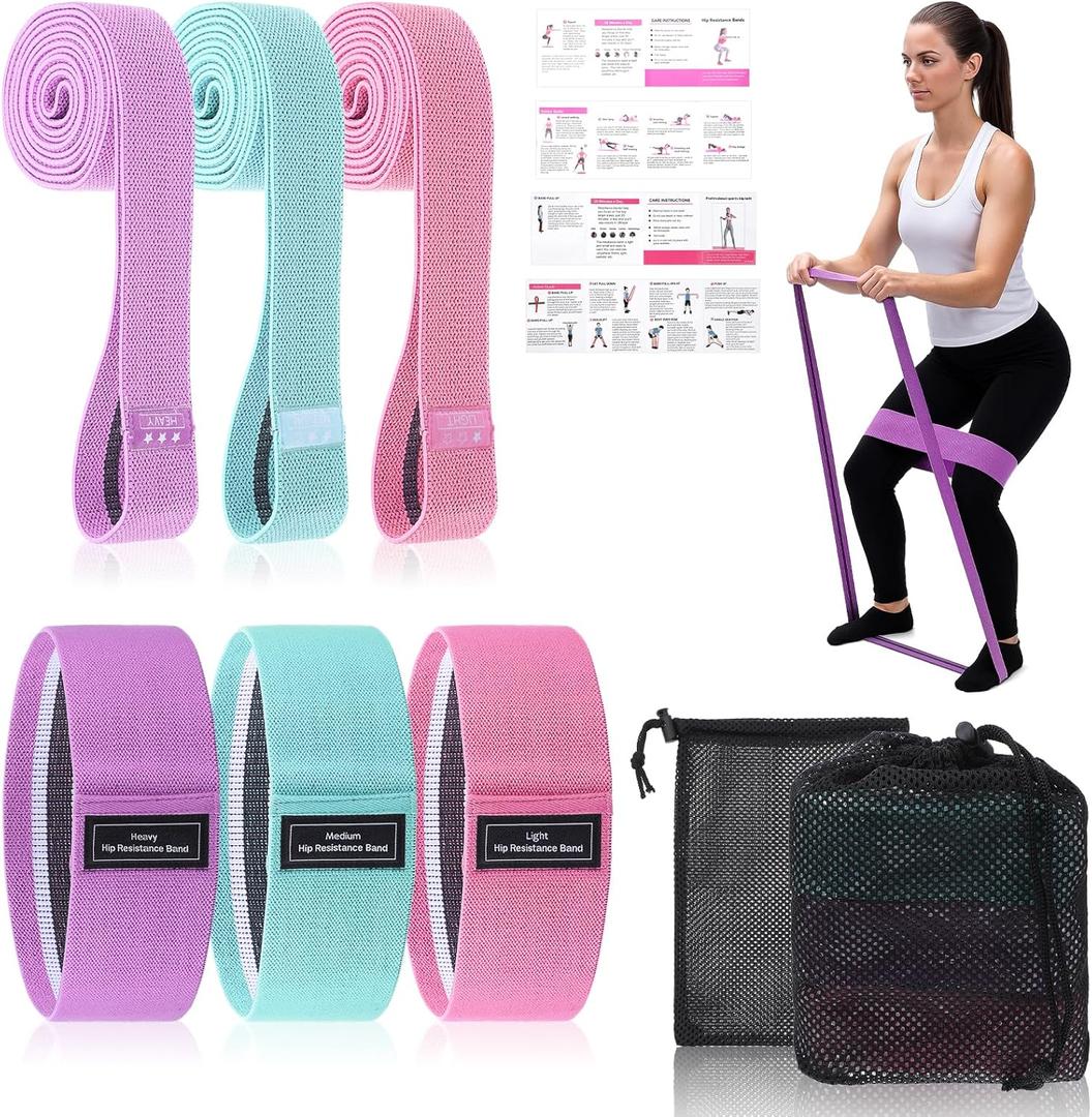 Kifmurase 6PCS Fabric Resistance Bands for Legs, 3 Strength Level Elastic Stretching Assist Band with Portable Bag, Non-Slip Workout Bands for Squats Yoga Therapy, Women Cloth Band for Working Out