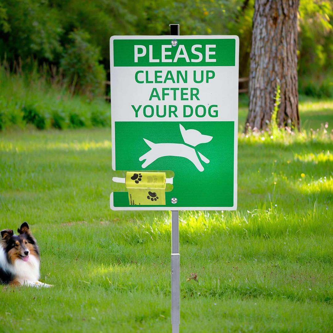 Please Pick Up After Your Dog Sign with Bag Holder, Aluminum No Dog Poop Signs for Yard, Clean Up After Your Dog Yard Sign for Lawn, No Pooping Dog Signs with Stake (Green on white)