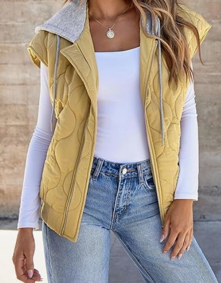 EVALESS Puffer Vest Women Cropped Hooded Zip Up Quilted Sleeveless Jackets 2025 Fall Lightweight Coat with Pockets, 2XL