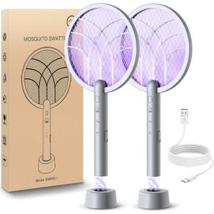 Electric Fly Swatter Racket, Mosiller 2 in 1 Smart Bug Zapper & Power Take Off Generators with USB Rechargeable Base, Powerful Mosquitoes Trap Lamp & Fly Killer for Home, Bedroom (Light Grey, 2 Pack)