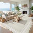 GarveeHome Scalloped Washable 8x10 Area Rugs for Living Room, Modern Bordered Solid Rug for Bedroom, Scalloped Non-Slip Stain Resistant Rug for Dining Room Farmhouse Dorm, Cream (Ivory White)