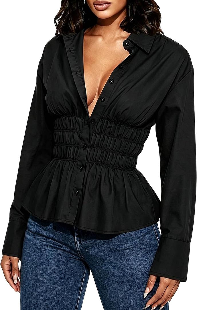Women Long Sleeve Button Down Fitted Shirts Collared Cinched Waist Tops Office Work Blouse (Black, L)