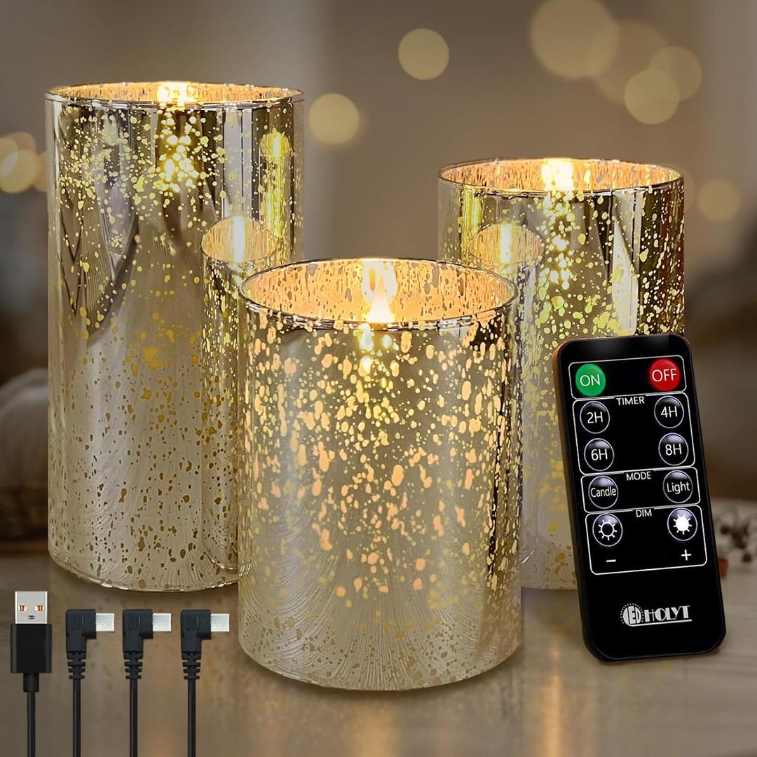 Rechargeable Flameless Candle, Flickering LED Pillar Glass Fake Candle with Remote and Timer, Built-in Battery Real Wax Electronic Candle for Room Decoration, Set of 3 (Snowflake Speckle, Gold)