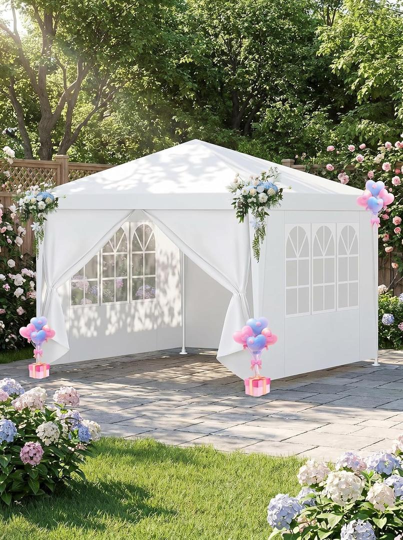 COBIZI 10x10FT Party Tent with 4 Sidewalls, Lightweight Single-Use Canopy, White - [Not Wind-Resistant, Please Consider Carefully]