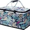 Insulated Picnic Basket, Folding Grocery Basket Insulated Cooler Bag, Collapsible Shopping Baskets with 25L Large Market Basket with Handles for Picnic Travel Food Delivery Market Shopping Blue