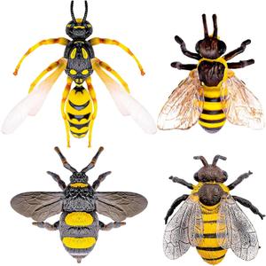 4 Realistic Honeybee Figurines - Various Bees Model, Fake Bees Animal Figures, Insect Toy for Science Project, Cake Topper