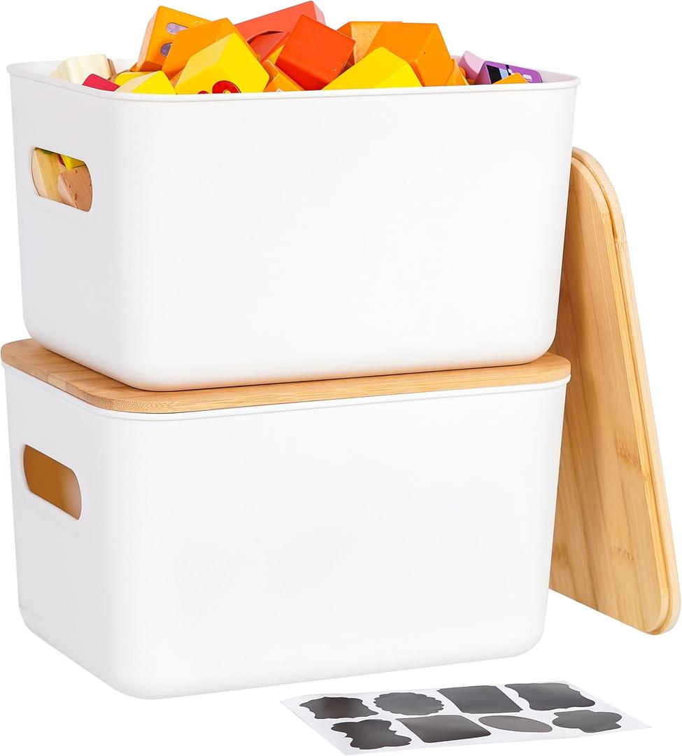 Citylife Storage Bins with Bamboo Lids 7QT Plastic Storage Containers Stackable Organizer Boxes with Handle for Desk Snacks, Toys, 2 PCS, 10" L x 7" W x 5.8" H