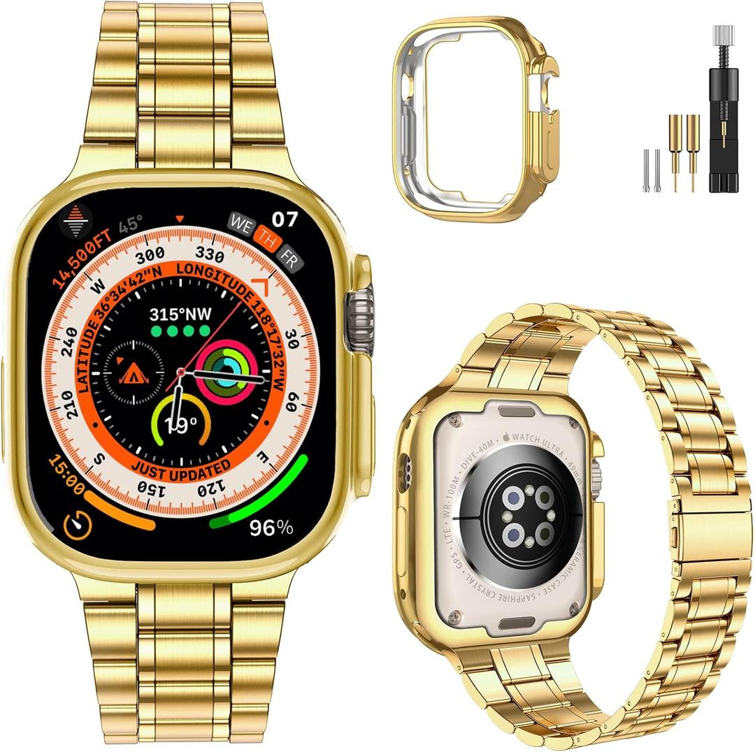 MioHHR Solid Stainless Steel Band Compatible with Apple Watch 49mm Ultra 3/2/1, Metal Strap with Soft TPU Case for iWatch Series Ultra 3/2/1 49mm Women and Men, Gold