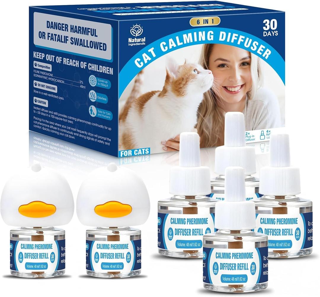 Cat Calming Pheromones Diffuser: 6-in-1 Kit Cat Appeasing Pheromone Diffuser to Calm (2 Plugin+4x48ml Refills) for Comfort Reduces Stress Anxiety, Long-Lasting Appeasing Pheromone for Pet Cat (6in1)