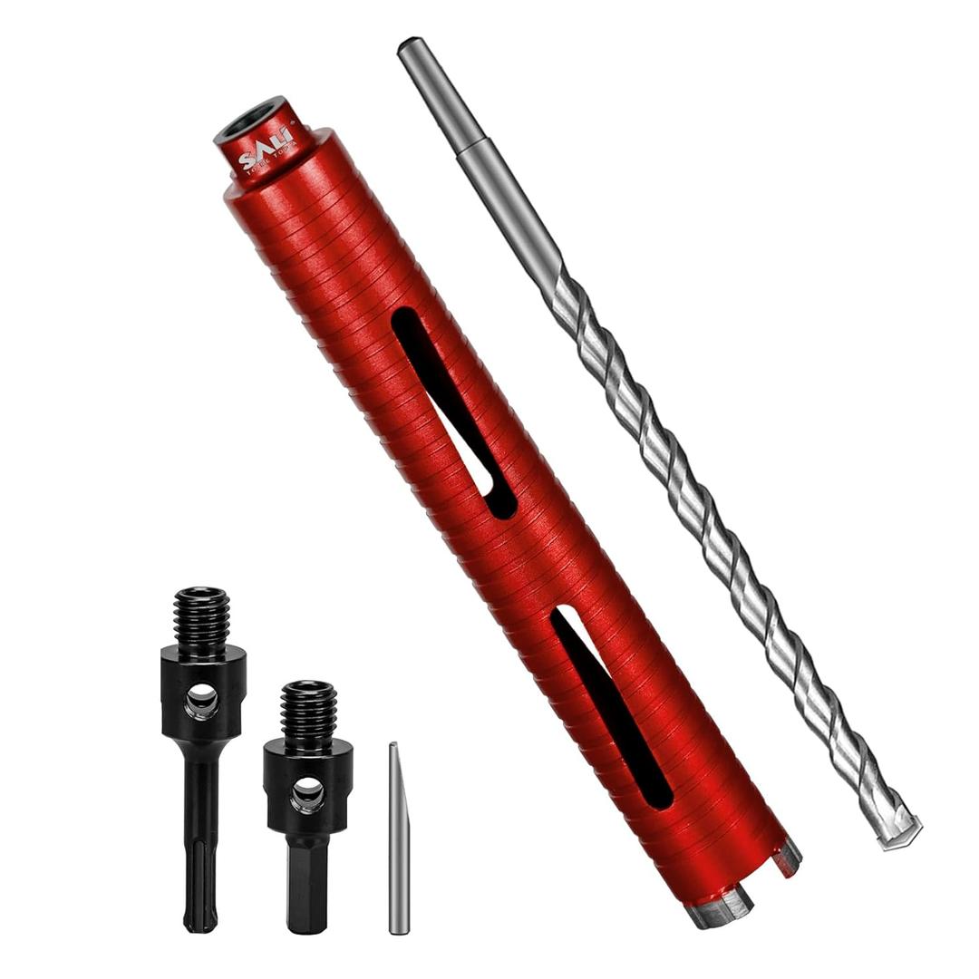 SALI Diamond Core Drill Bits 1 1/2" Diameter 10"/254mm Drilling Depth 5/8-11" Thread Core Bit Turbo Laser-Welded Segments for Cured Concrete with Brick Block Masonry with Two AdaptersRed
