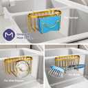 SWTYMIKI Sponge Holder for Kitchen Sink - Movable Kitchen Sink Caddy with M Shape Hook, Stainless Steel Hanging Sponge Caddy for Dish Sponge, Brush, Stopper Organizer in Double Sink, Gold