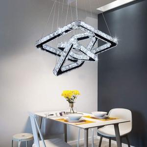 Modern Crystal Chandeliers LED Square Rings Chandelier Pendant Lights Height Shape Adjustable Ceiling Lamp (Cool White)