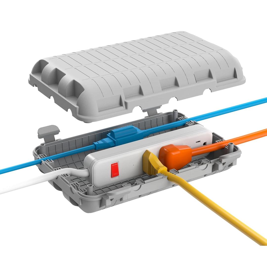 Outdoor Waterproof Electrical Box, Large Extension Cord Cover (9.05x6.61x2.67inch) Plug Protector Cable Connection Safety Box IP54 Water-Resistant for Power Strip, Holiday Light and Decorations, Grey