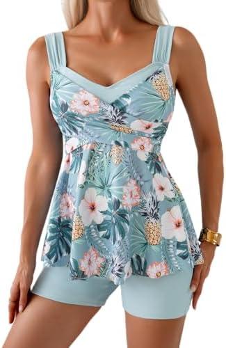 B2prity Tankini Swimsuits for Women Tummy Control Two Piece Modest Bathing Suits Floral Skirt Top with Boyshorts, M