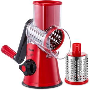 Geedel Rotary Cheese Grater, Kitchen Mandoline Vegetable Slicer with 2 Interchangeable Blades, Easy to Clean Rotary Grater Slicer for Fruit, Vegetables, Nuts (Red)