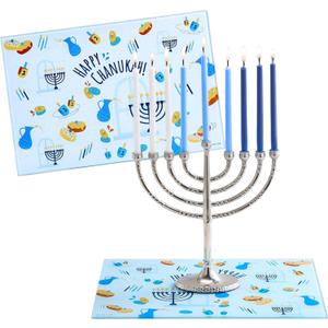 Rite Lite Tempered Glass Menorah Drip Tray Fun Whimsical Hanukkah Tray Display Centerpiece Jewish Holiday Party Favor Decorations Chanukah Gifts Judaica Decor Festival of Lights Hostess Gifts 11.75"L