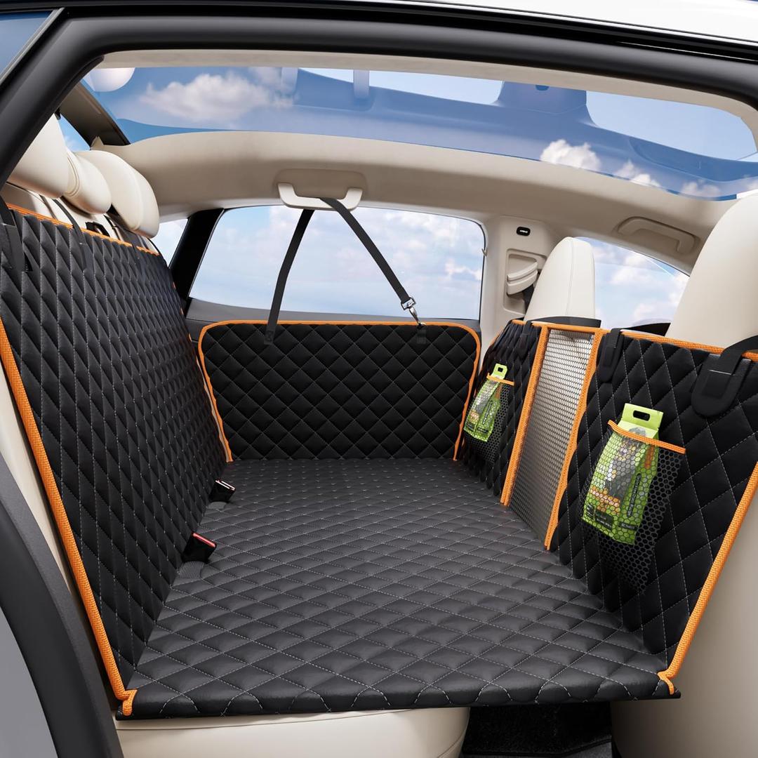 Back Seat Extender for Dogs,Holds 420lbs,Waterproof Dog Car Seat Cover for Back Seat with Hard Bottom,2025 Upgraded Material Dog Hammock for Car,Easy to Use and Clean (Black Orange)