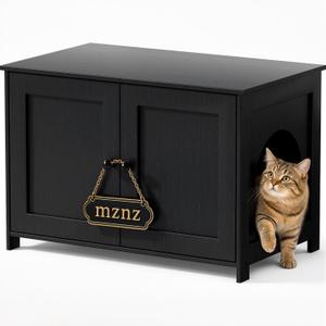Hidden Cat Litter Box Enclosure Furniture, Dog Proof Kitty Washroom Cabinet with Odor Control, Low Entry Wooden Cat House Cabinet Indoor, Farmhouse Style End Table/TV Stand with Storage, Black