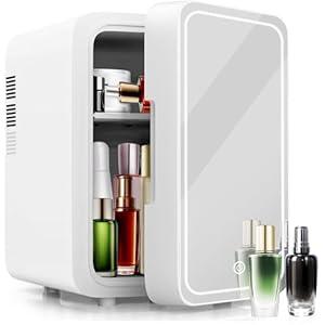 Fahsiam 4L Mini Skincare Fridge with Dimmable LED Mirror | Holds 6 Cans | Portable Cooler & Warmer for Cosmetics, Skincare, Bedroom & Office | Compact Refrigerator, White